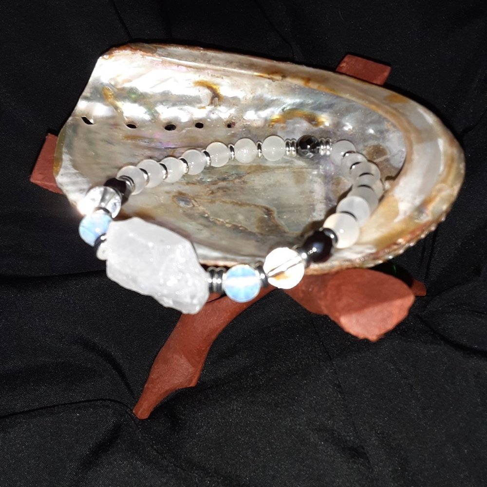 7.5" Selenite Bracelet with Natural Quartz Crystal Stone, Meditation Bracelet
